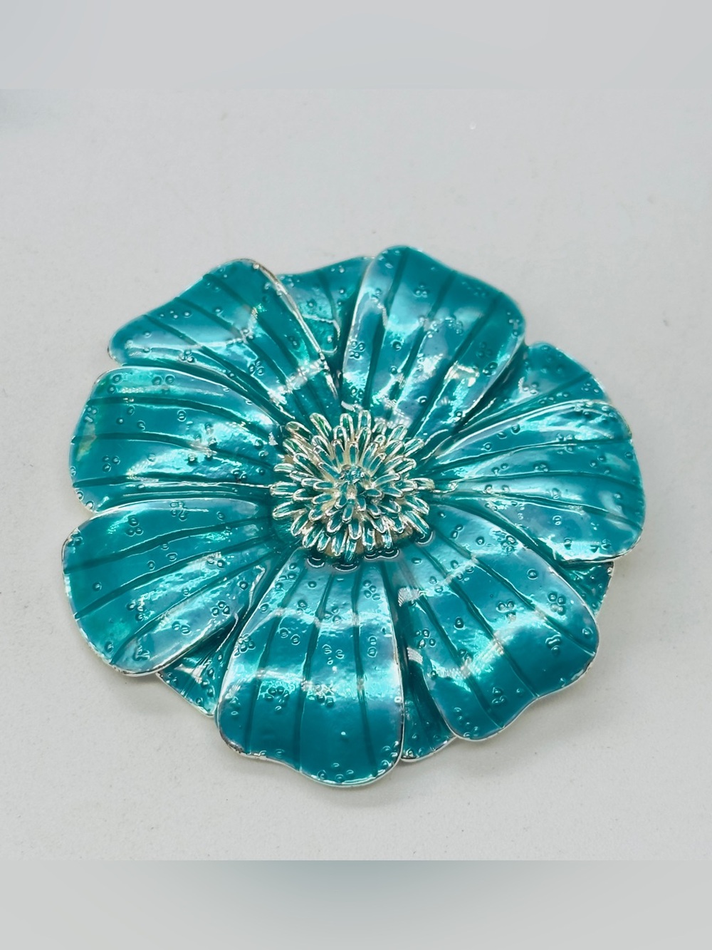 Large Aqua Blue Enamel Flower Brooch Pin Silver Tone Modern Floral Figural